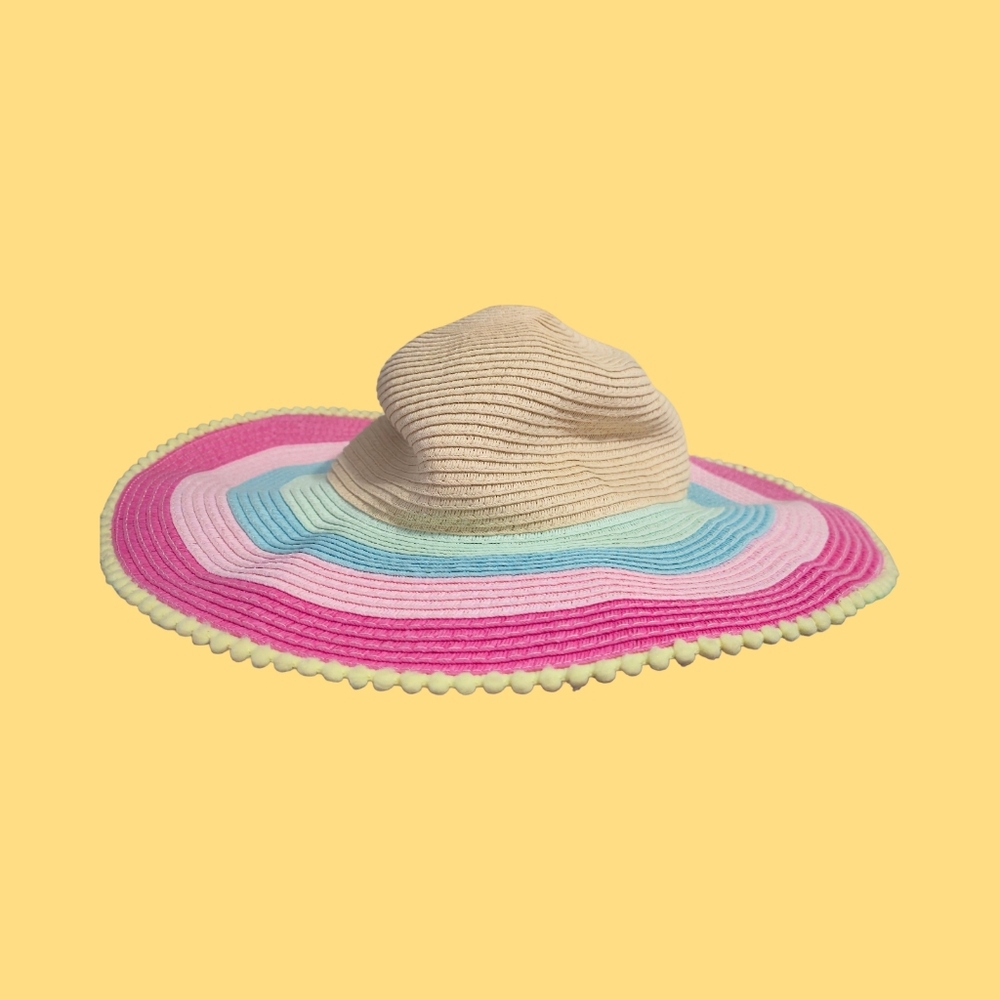 Cat & Jack Style Girls Beige Sun Hat with Pink, Blue, and Mint Stripes - Picture 4 of 6
